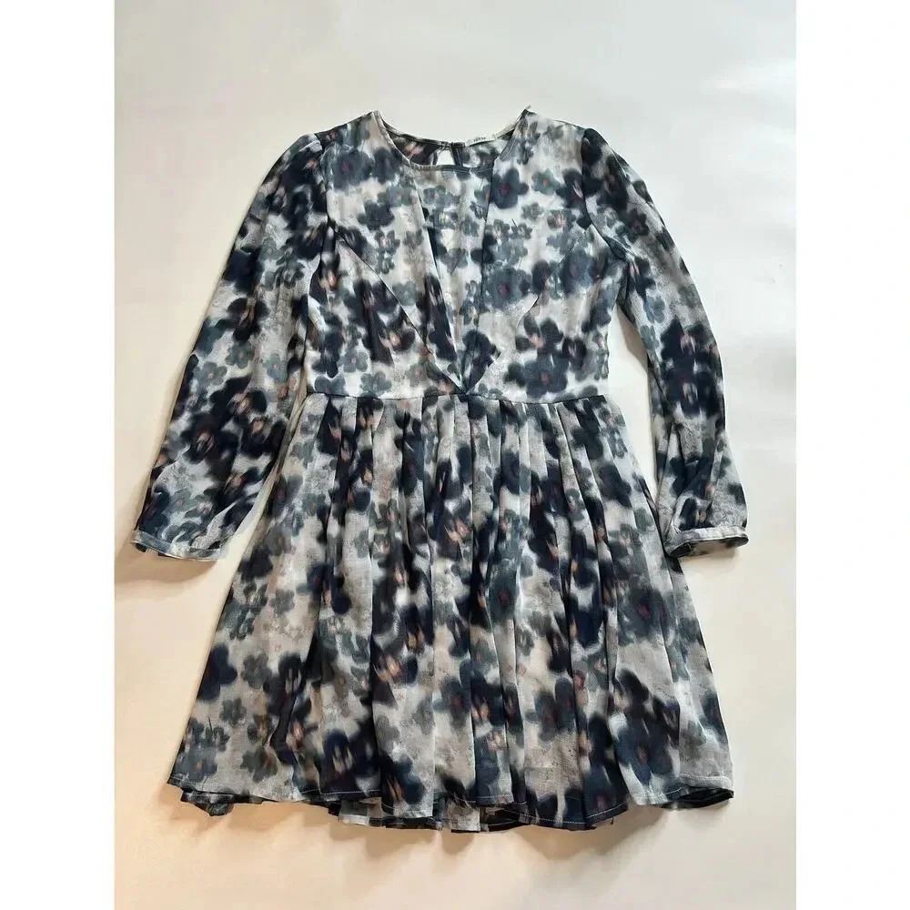 Kimchi Blue Dress Womens 0 Floral Watercolor Blue Open Back Sheer